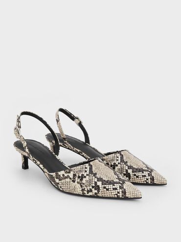 Snake-Print Pointed-Toe Slingback Kitten Heels, Animal Print Natural, hi-res