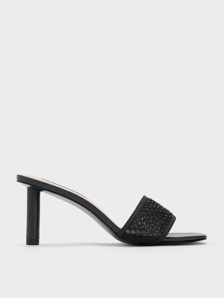 Gem-Encrusted Cylindrical Heel Mesh Sandals, Black, hi-res