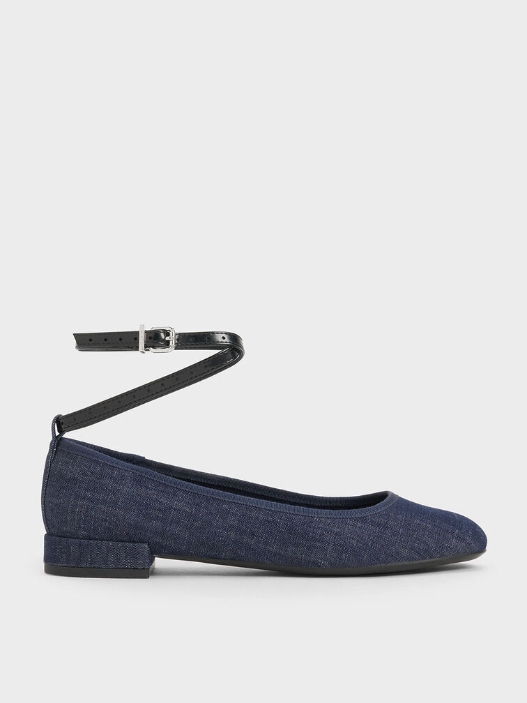 Denim Ankle-Strap Ballet Flats, Dark Blue, hi-res