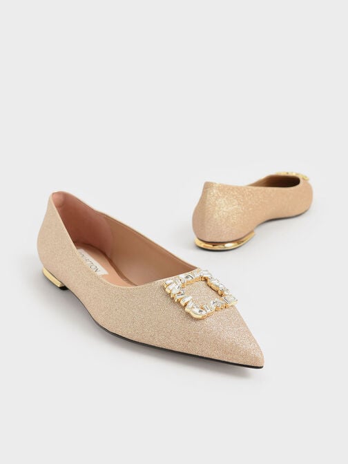 金蔥寶石方釦平底鞋, 金色, hi-res