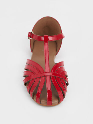 Girls' Patent Caged T-Bar Sandals, Red, hi-res