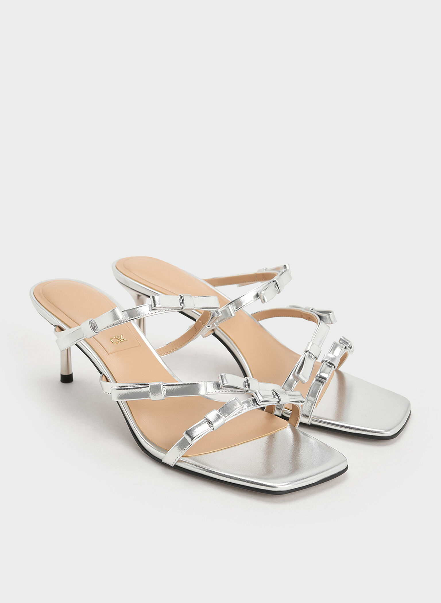 Jessy Metallic Leather Bow Heeled Sandals, Silver, hi-res