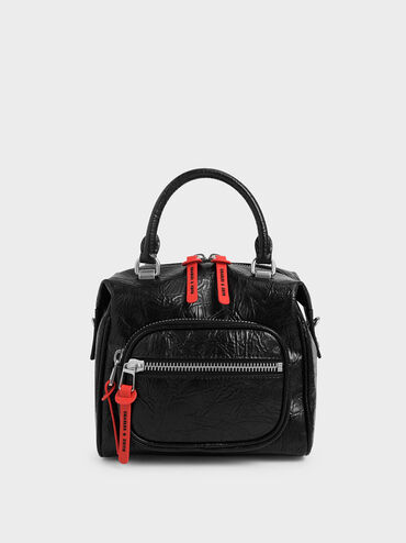 Wrinkled Effect Front Zip Bag, Black, hi-res