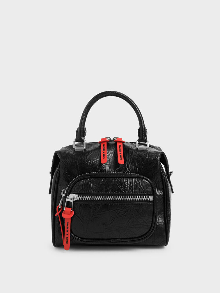 Wrinkled Effect Front Zip Bag, Black, hi-res
