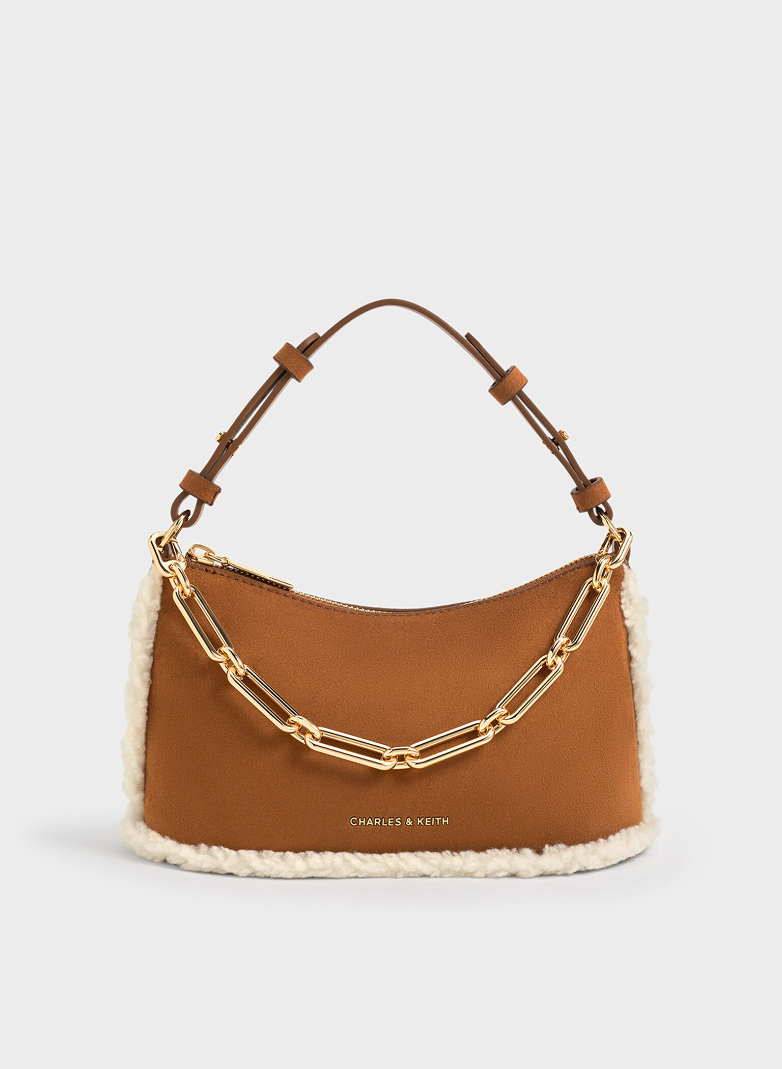 Robyn Faux Suede Fur-Trim Elongated Chain-Handle Bag, Brown, hi-res