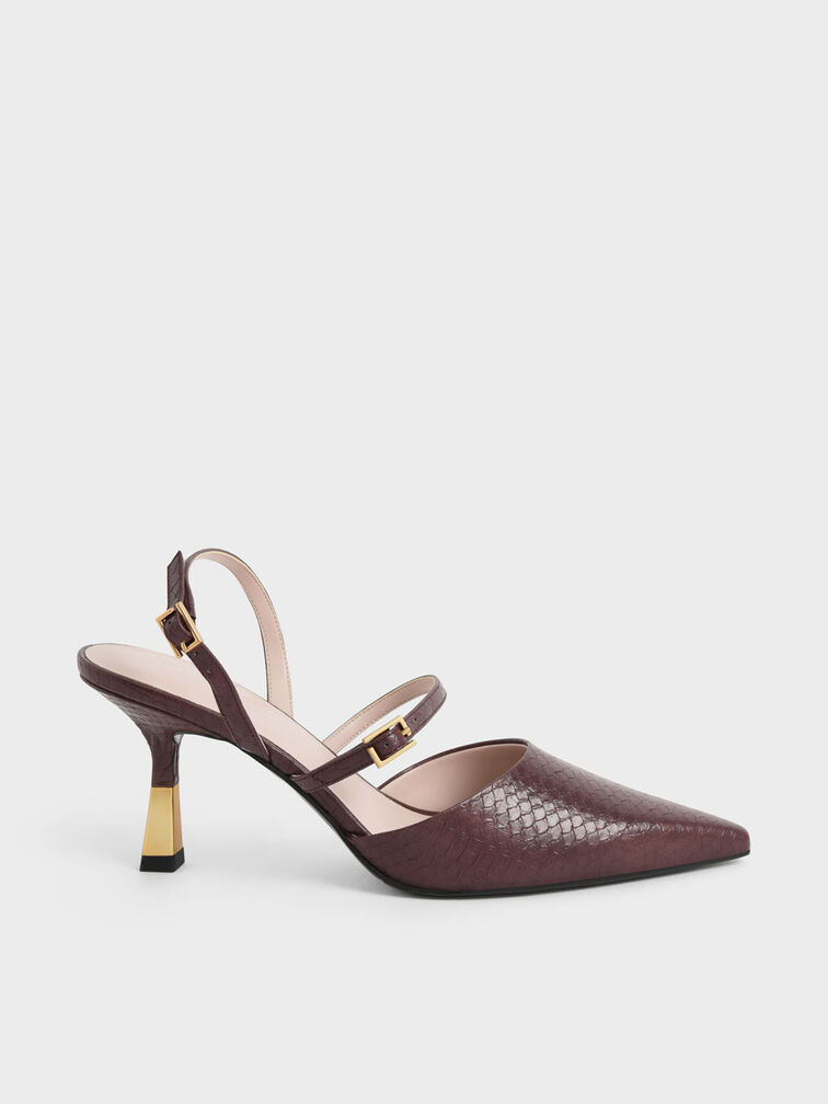 Snake-Print Double Strap Slingback Pumps, Animal Print Brown, hi-res