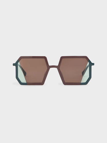 Two-Tone Geometric Sunglasses, Brown, hi-res