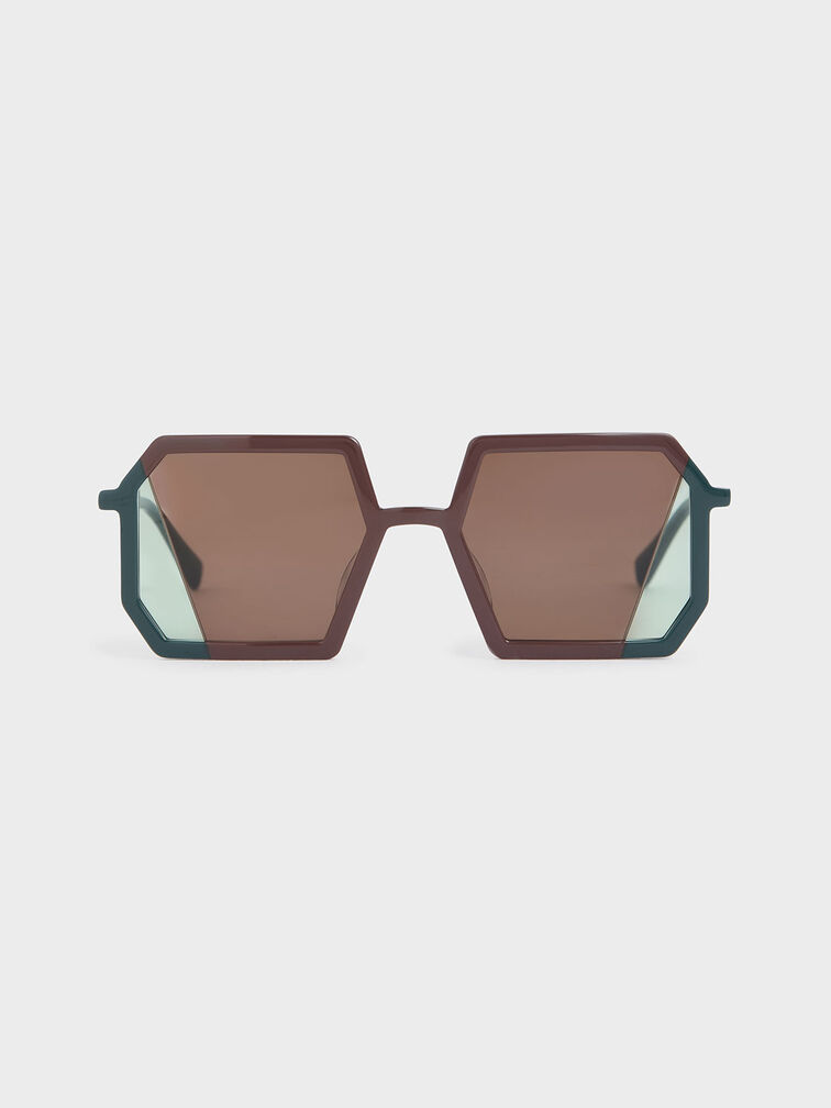 Two-Tone Geometric Sunglasses, Brown, hi-res