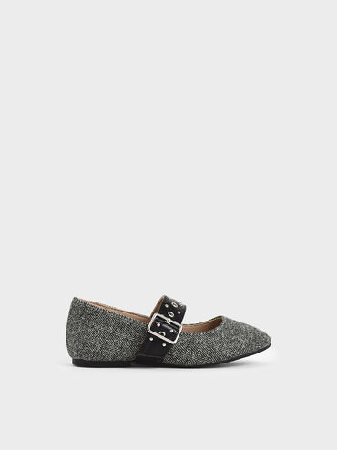 Girls' Woven Fabric Studded Mary Jane Flats, Dark Grey, hi-res