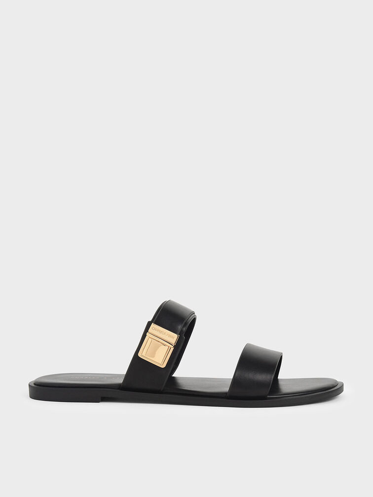 Buckle Double Strap Slide Sandals, Black, hi-res