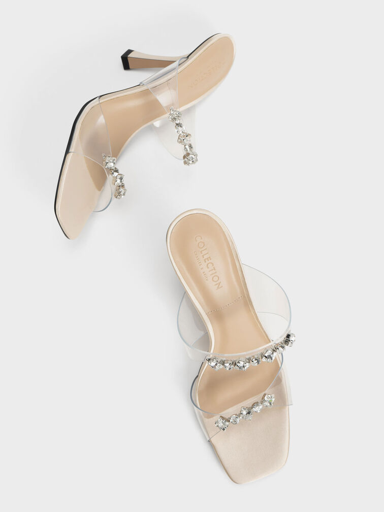 Gem-Encrusted Clear Strap Sandals, Nude, hi-res