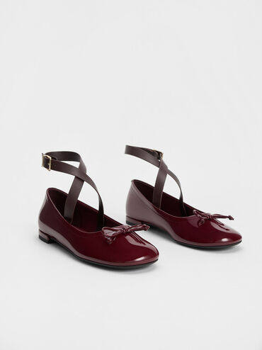 Margot Patent Crossover-Strap Ballerinas, Maroon, hi-res