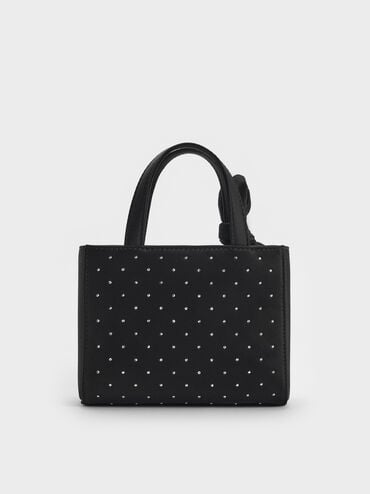 Satin Studded Knot-Bow Mini Bag, Noir Studded Satin, hi-res