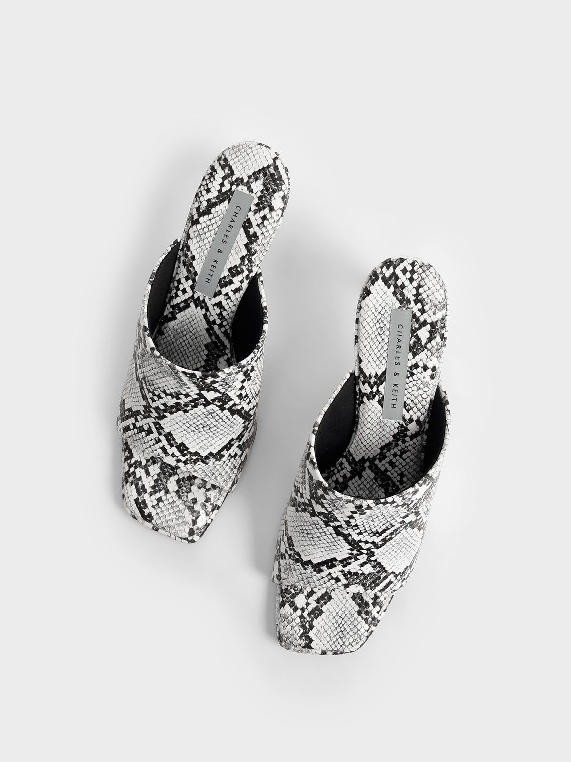 Snake-Print Stiletto Heel Mules, Animal Print White, hi-res