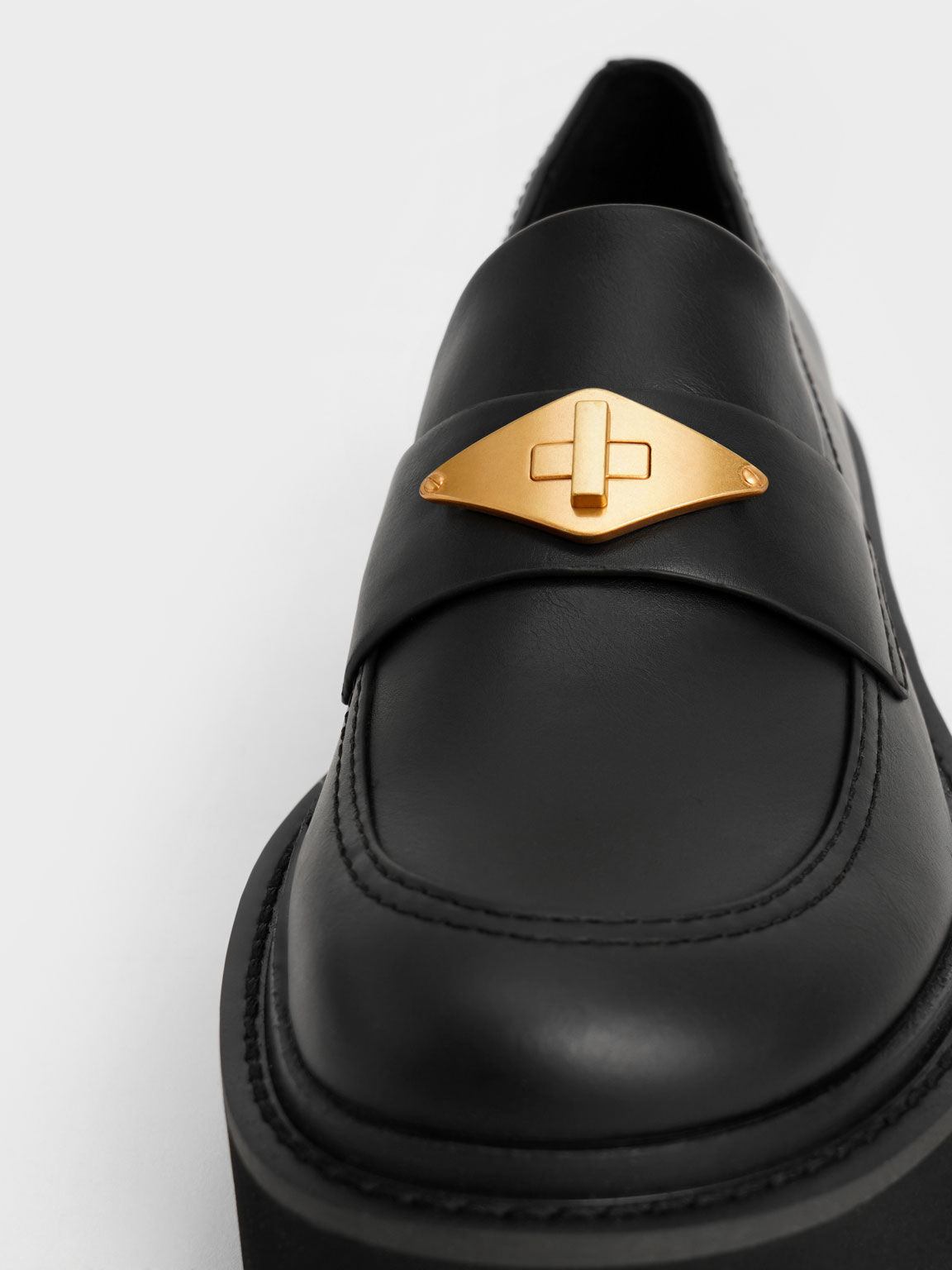 菱釦厚底樂福鞋, 黑色, hi-res