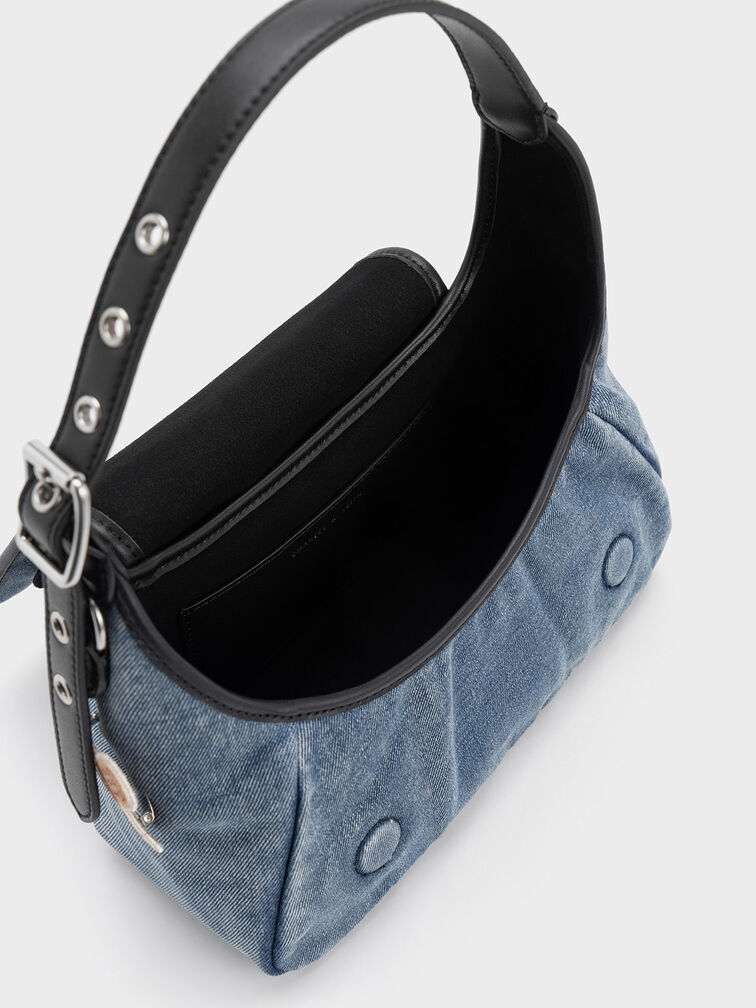 Buzz Embroidered Patch Front Flap Hobo Bag, Denim Blue, hi-res