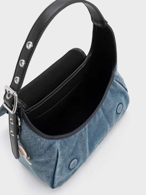 Buzz Embroidered Patch Front Flap Hobo Bag, Denim Blue, hi-res
