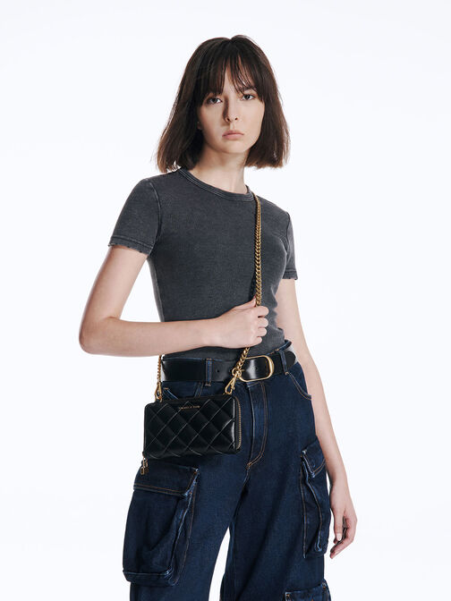 Swing Quilted Long Wallet, Black, hi-res