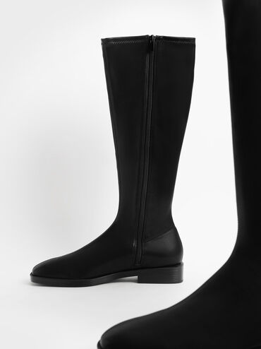 Knee High Flat Boots, Black, hi-res