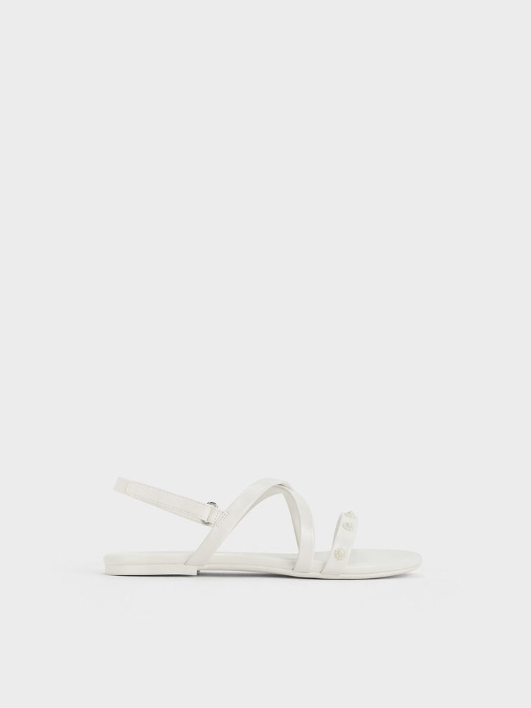 Girls' Flower-Beaded Strappy Sandals, White, hi-res