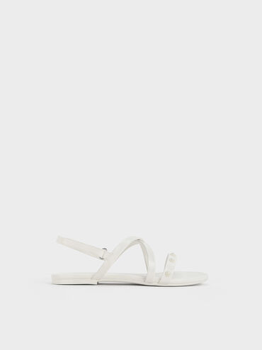 Girls' Flower-Beaded Strappy Sandals, White, hi-res
