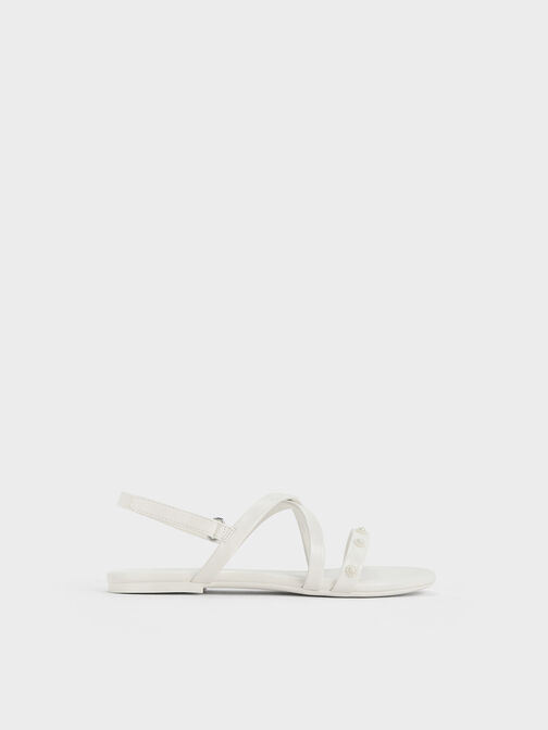 Girls' Flower-Beaded Strappy Sandals, White, hi-res