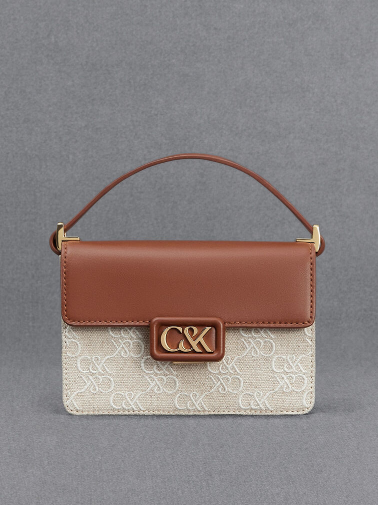 Mini Cerys Leather & Canvas Monogram Shoulder Bag, Cognac, hi-res