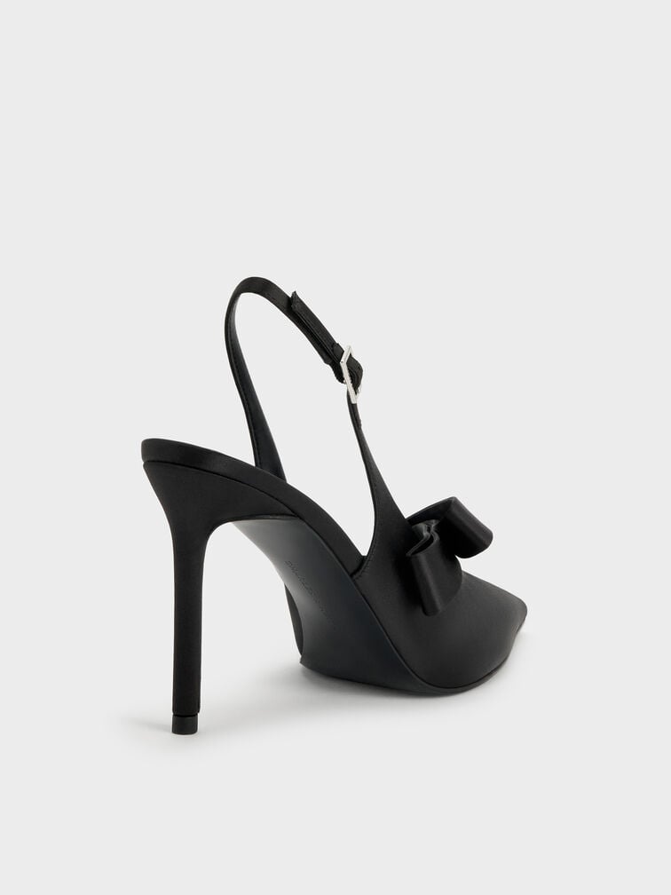 Satin Pleated-Strap Slingback Pumps, Black Textured, hi-res
