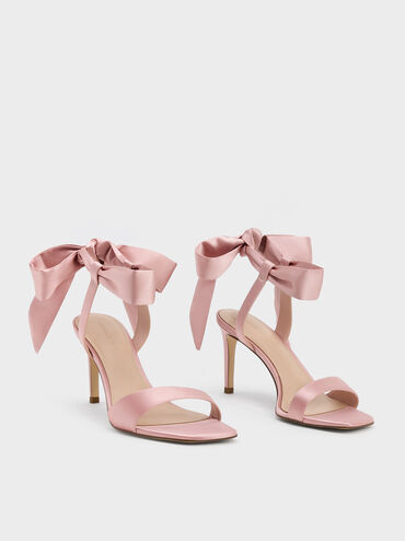 Satin Tie-Around Heeled Sandals, Pink, hi-res