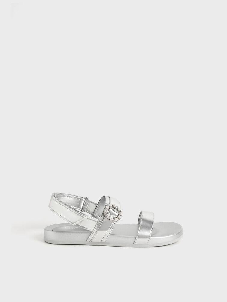 Girls' Bead-Embellished Back-Strap Sandals, Silver, hi-res
