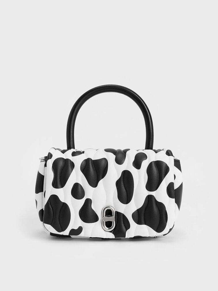 Bolso cuadrado con asa superior y estampado de vaca Iva, Blanco tiza, hi-res