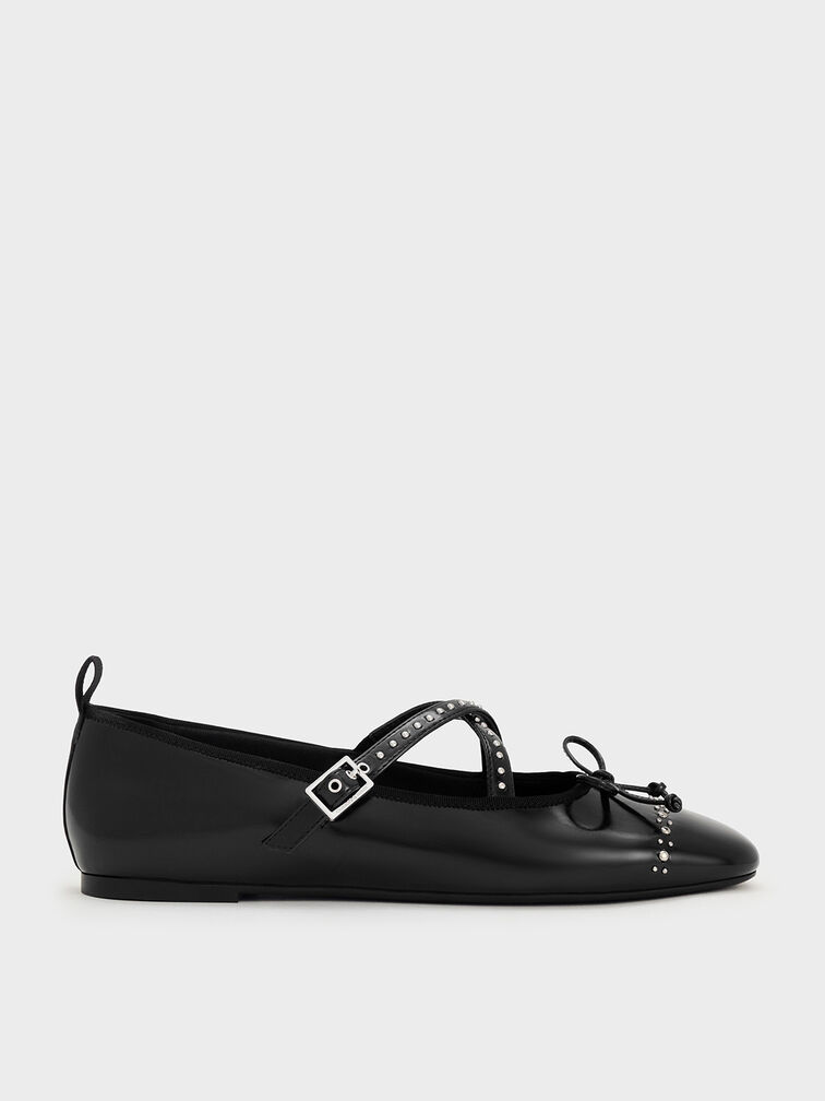 Studded Crossover-Strap Mary Jane Flats, Black Box, hi-res