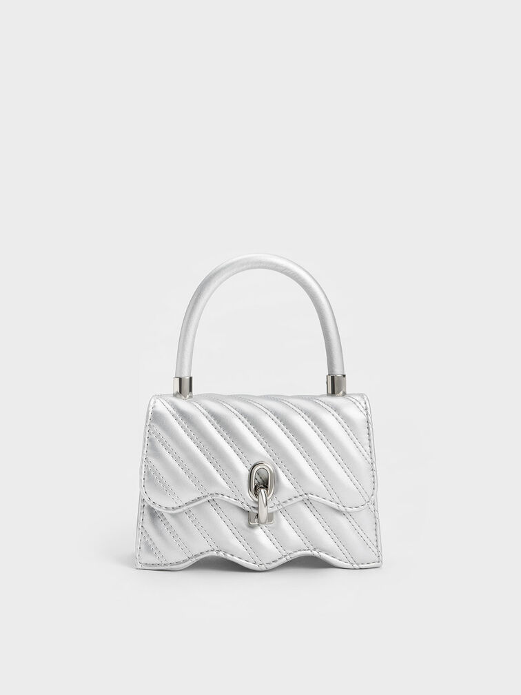 Freja Wavy Quilted Top Handle Bag, Silver, hi-res