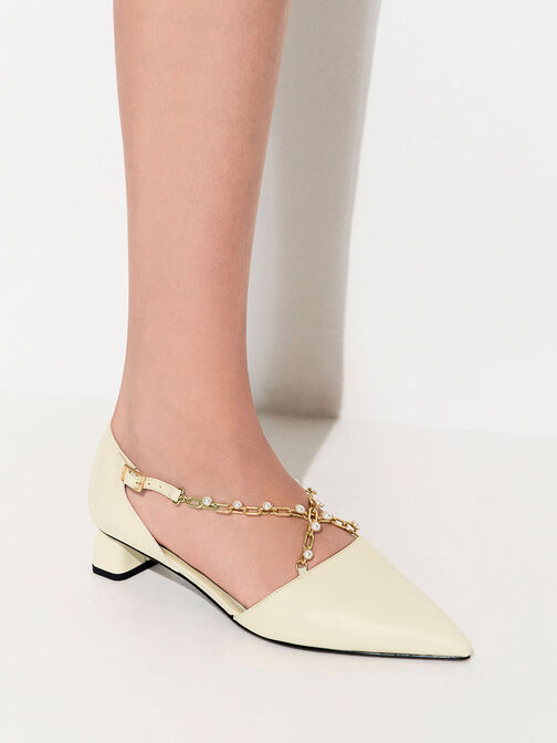 Beaded Metallic-Chain D'Orsay Pumps, Chalk, hi-res