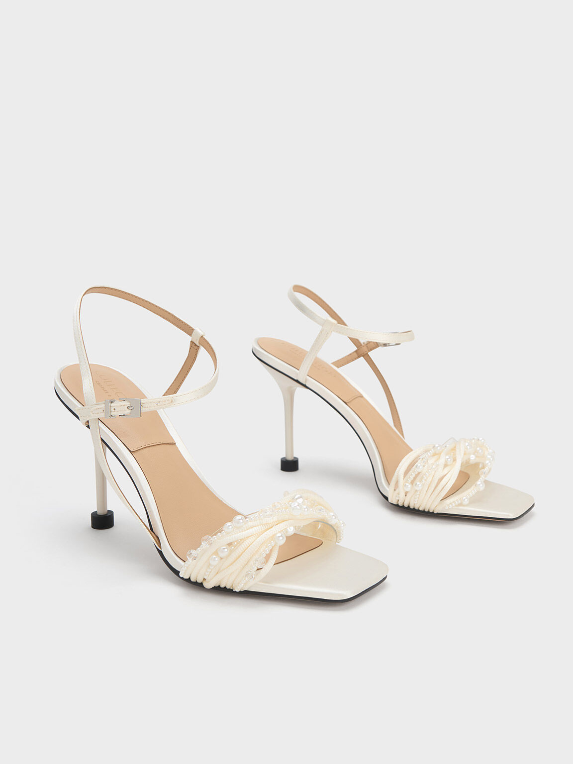 Beaded Asymmetric Satin Sandals, White, hi-res
