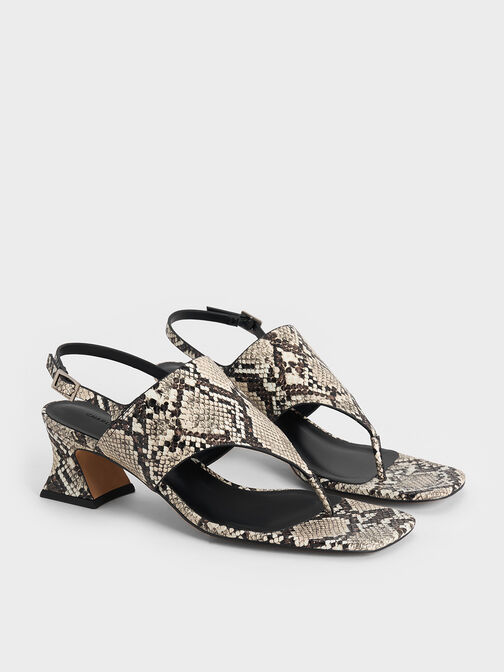 Snake-Print Wide-Strap Heeled Thong Sandals, Animal Print Natural, hi-res