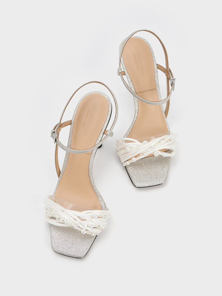 Sandalias asimétricas acabado glitter con cuentas, Plateado, hi-res