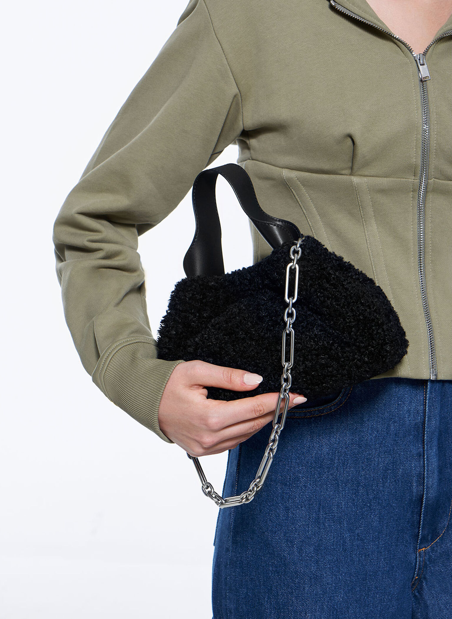 Noir Ally Furry Slouchy Chain-Handle Bag - CHARLES & KEITH AU