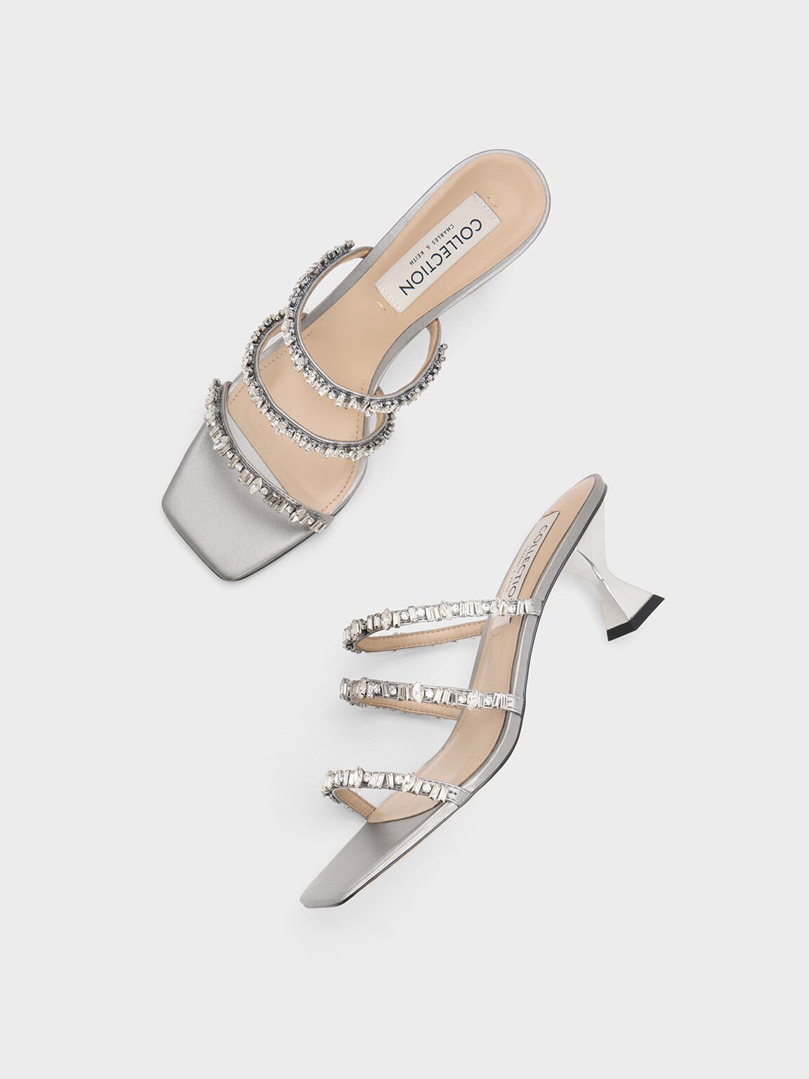 Gem-Encrusted Metallic Strappy Sandals, Silver, hi-res