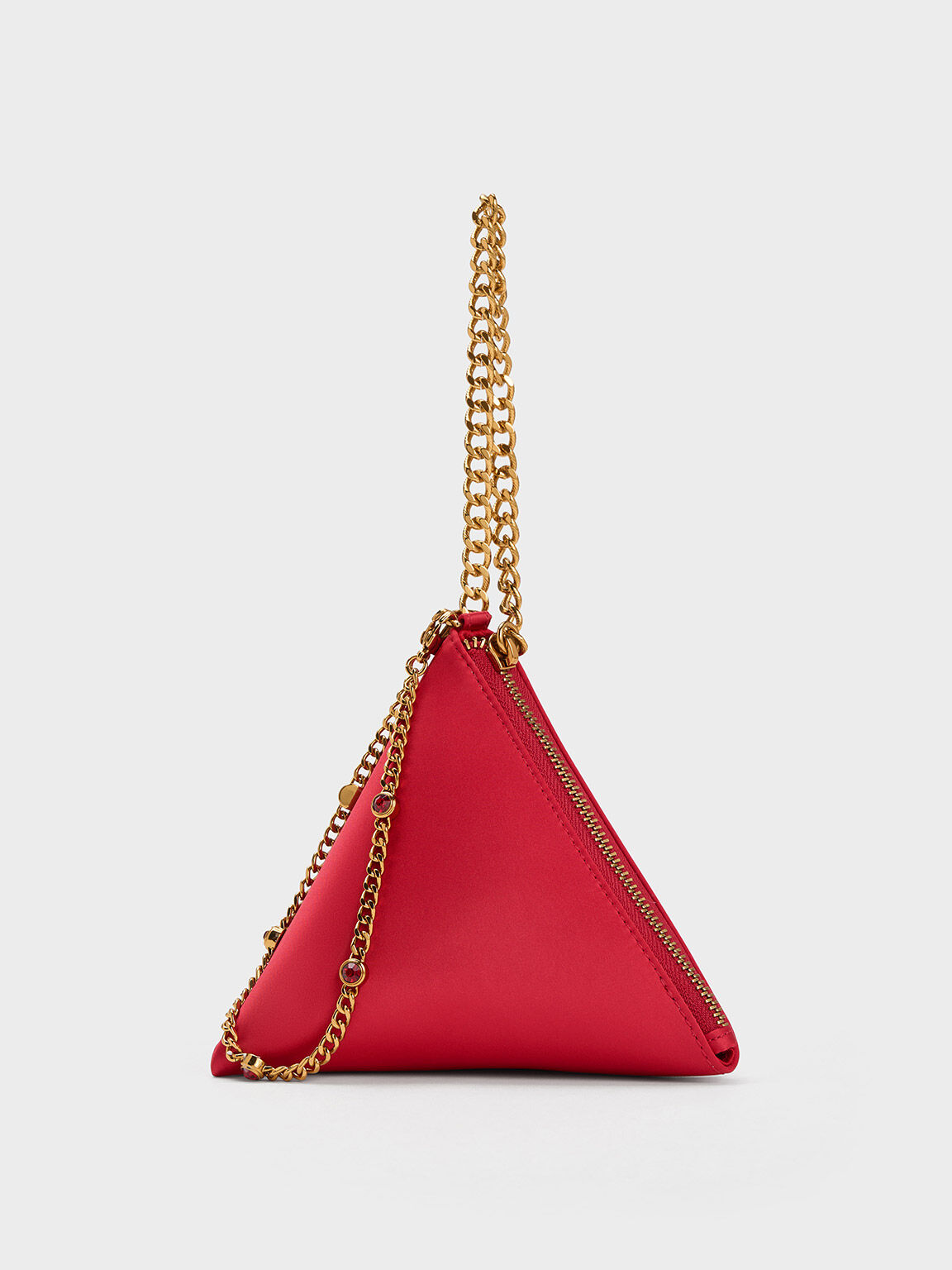 Chain Handle Satin Pyramid Clutch, Red, hi-res