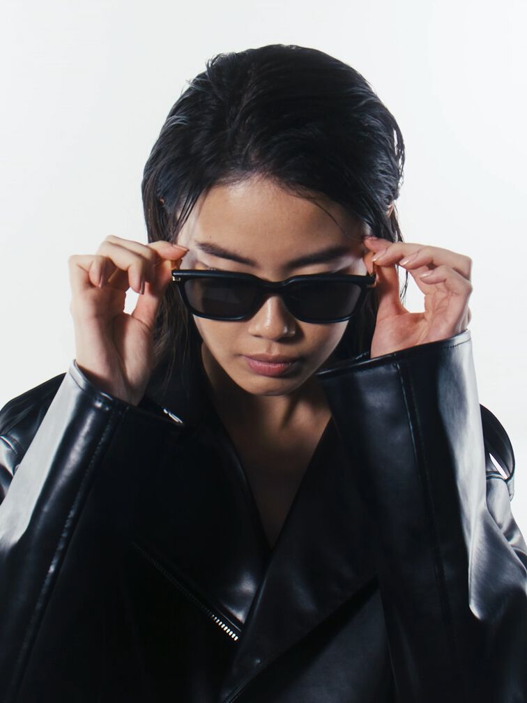 Aura Recycled Acetate Rectangular Sunglasses, Black, hi-res