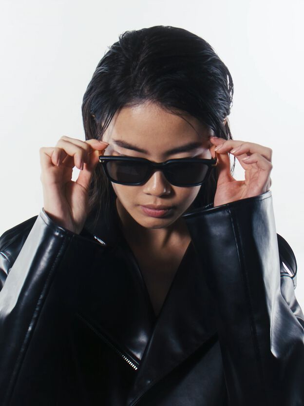 아우라 리사이클 아세테이트 렉탱귤러 선글라스, 블랙, hi-res