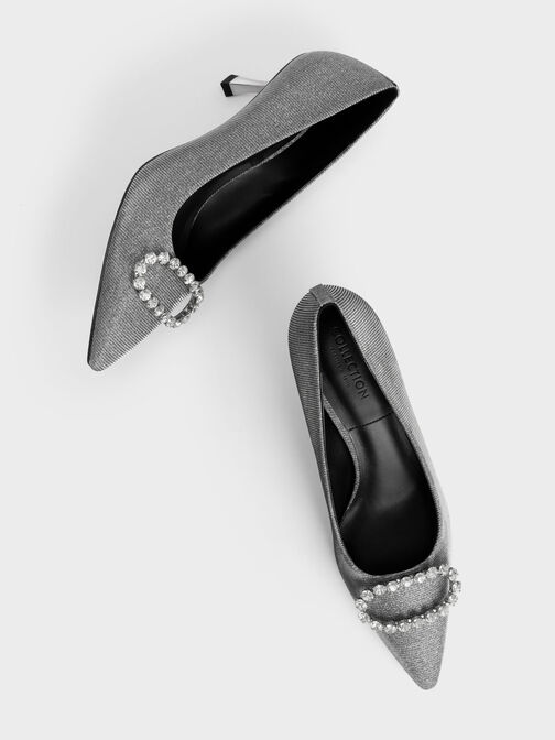 Gem-Embellished Glittered Pumps, Pewter, hi-res