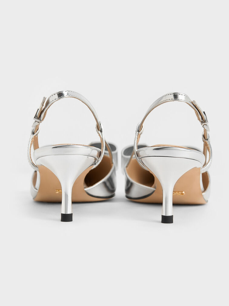 Bombas Slingback com arco de couro metálico Lu, Silver, hi-res