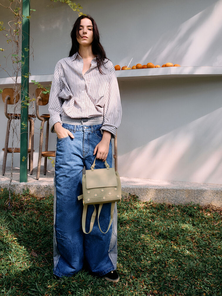 Girls' Ida Stripped Knitted Backpack, Pale Olive, hi-res