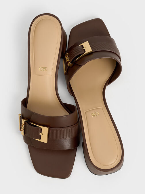 Leather Buckled Block-Heel Mules, Dark Brown, hi-res