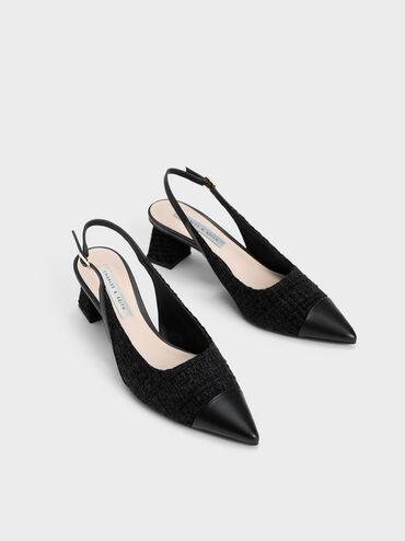 Tweed Toe Cap Slingback Pumps, Black Textured, hi-res