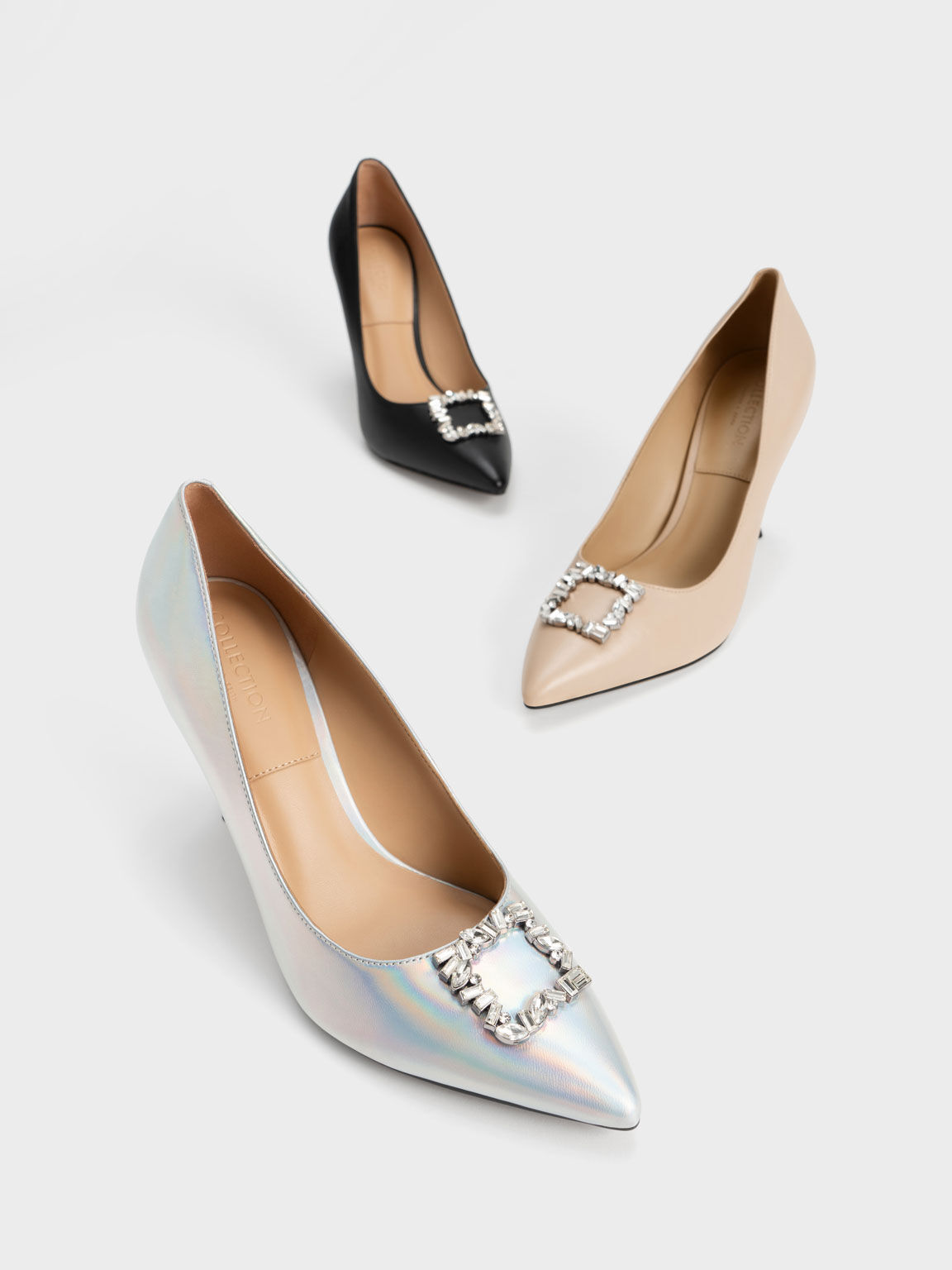 Leather Gem-Embellished Pumps, Black, hi-res