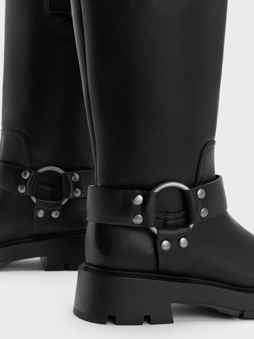 Metallic Buckled Knee-High Boots, Black, hi-res