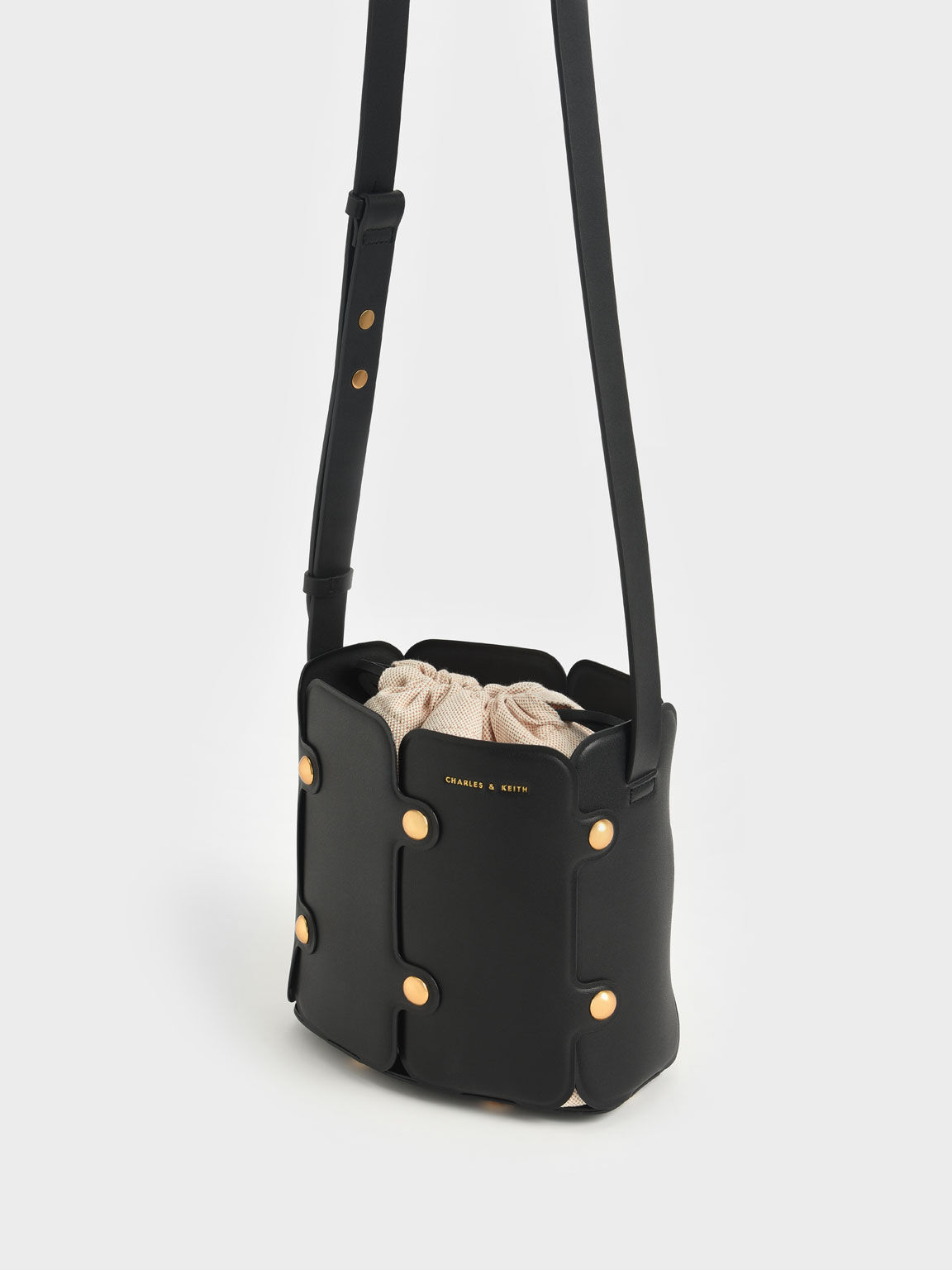 Studded Drawstring Bucket Bag, Black, hi-res